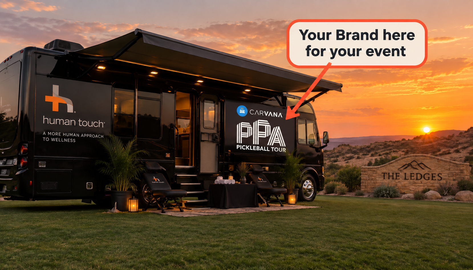 The mobile massage lounge at sunset with room for your sponsor branding on the RV wrap